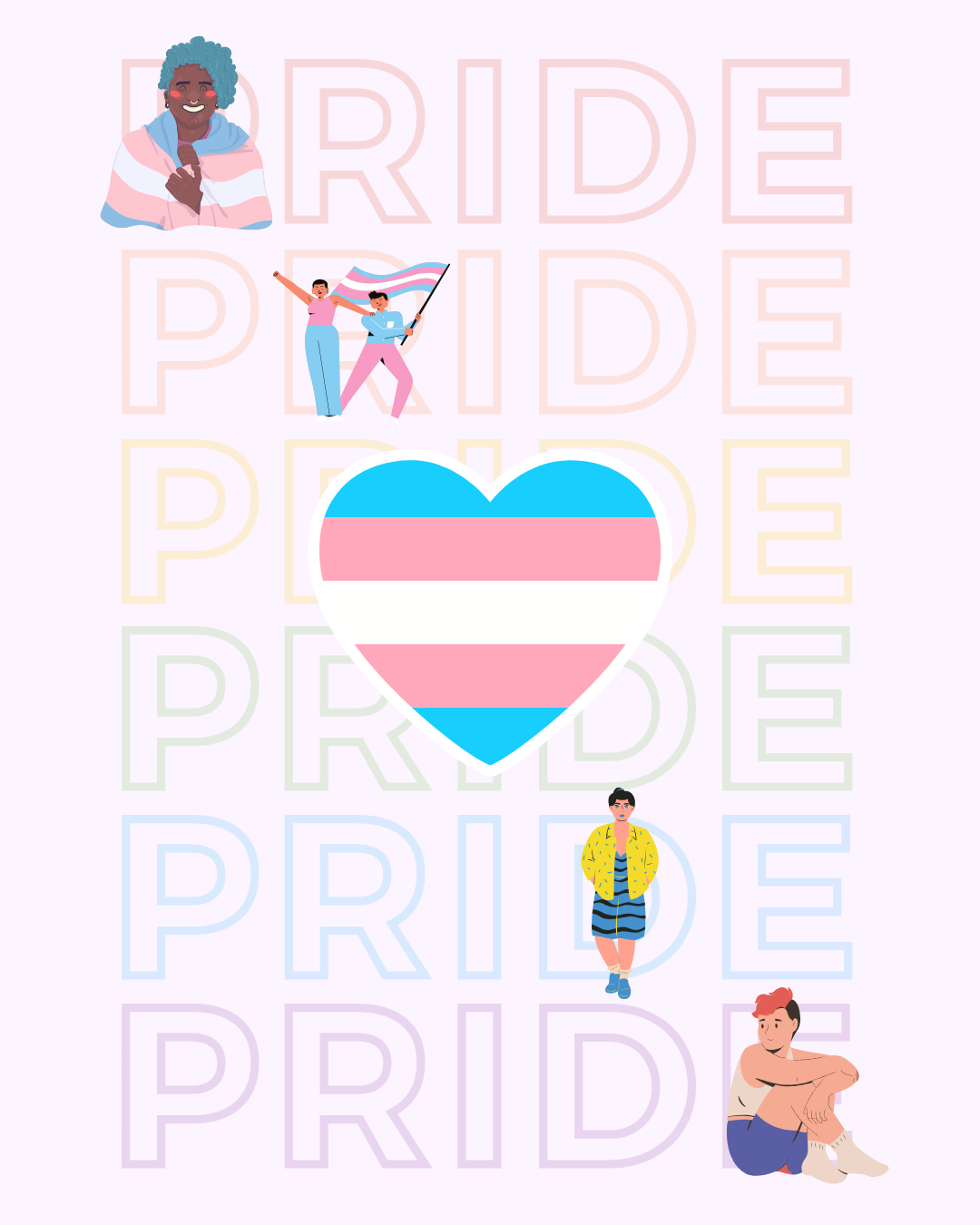 Pride spelled outside times from top to bottom in rainbow with transgender heart and transgender illustrations